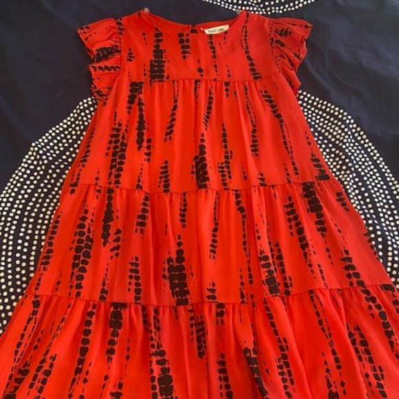 Red flutter sleeve dress with black pattern - L - Peach Love California - Picture 1 of 3